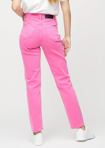 Regular jeans for women in light pink, color Flamingos. Back view on a model, showing the full fit.