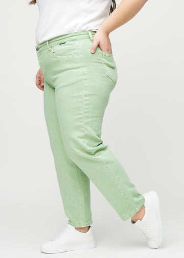 Regular jeans for women in light green, color Mints. Side view on a plus-size model.