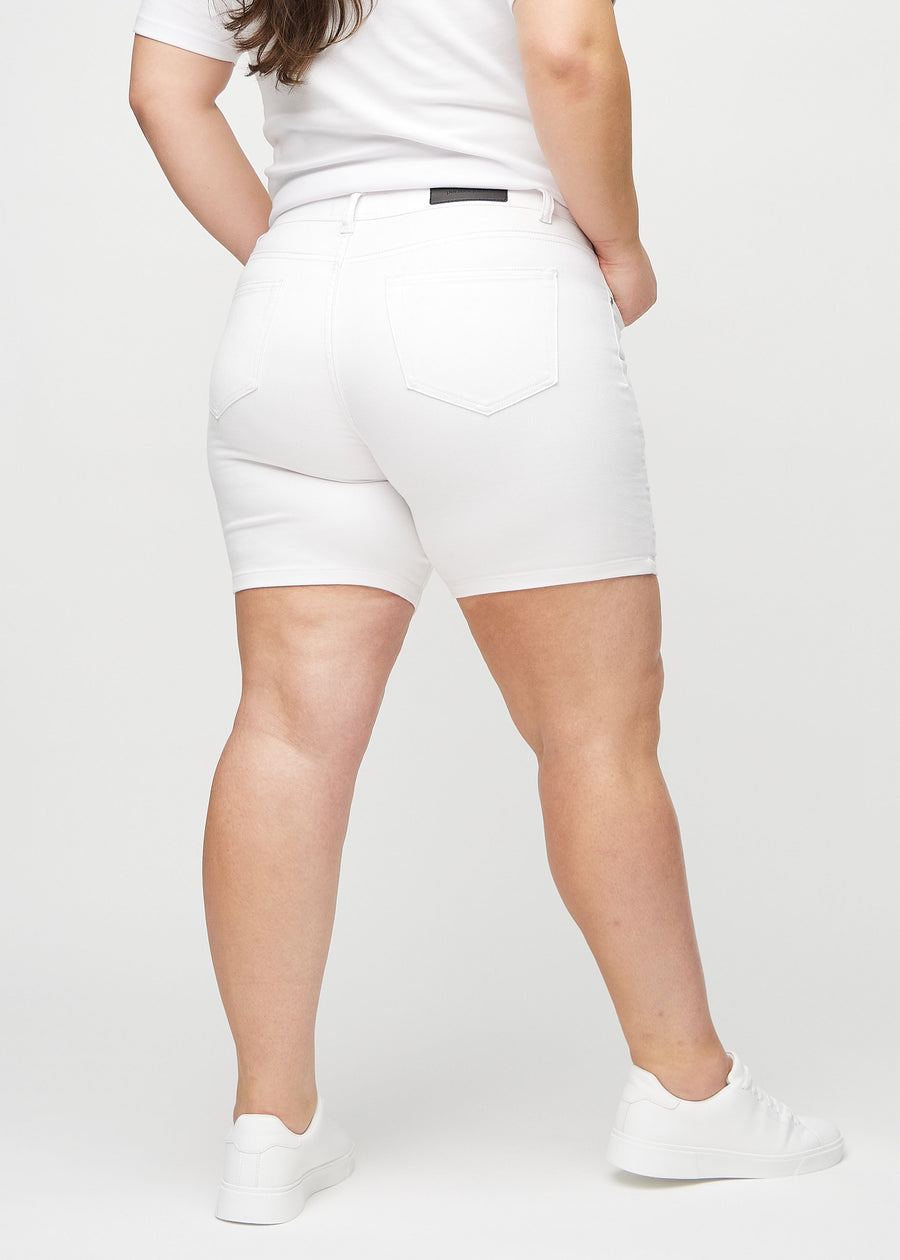 White skinny short shorts seen from the back on a plus-size model, so the full product can be seen.