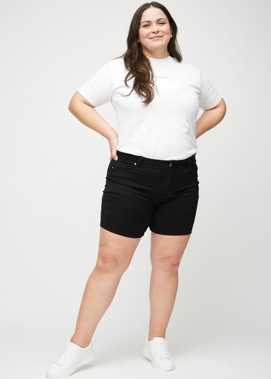 Full image of a plus-size model wearing black skinny short shorts.