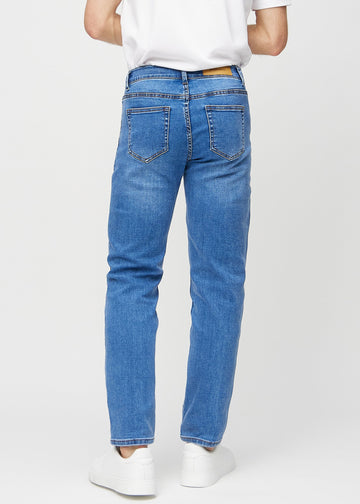 Denim regular jeans seen from the back, so the entire product can be seen.