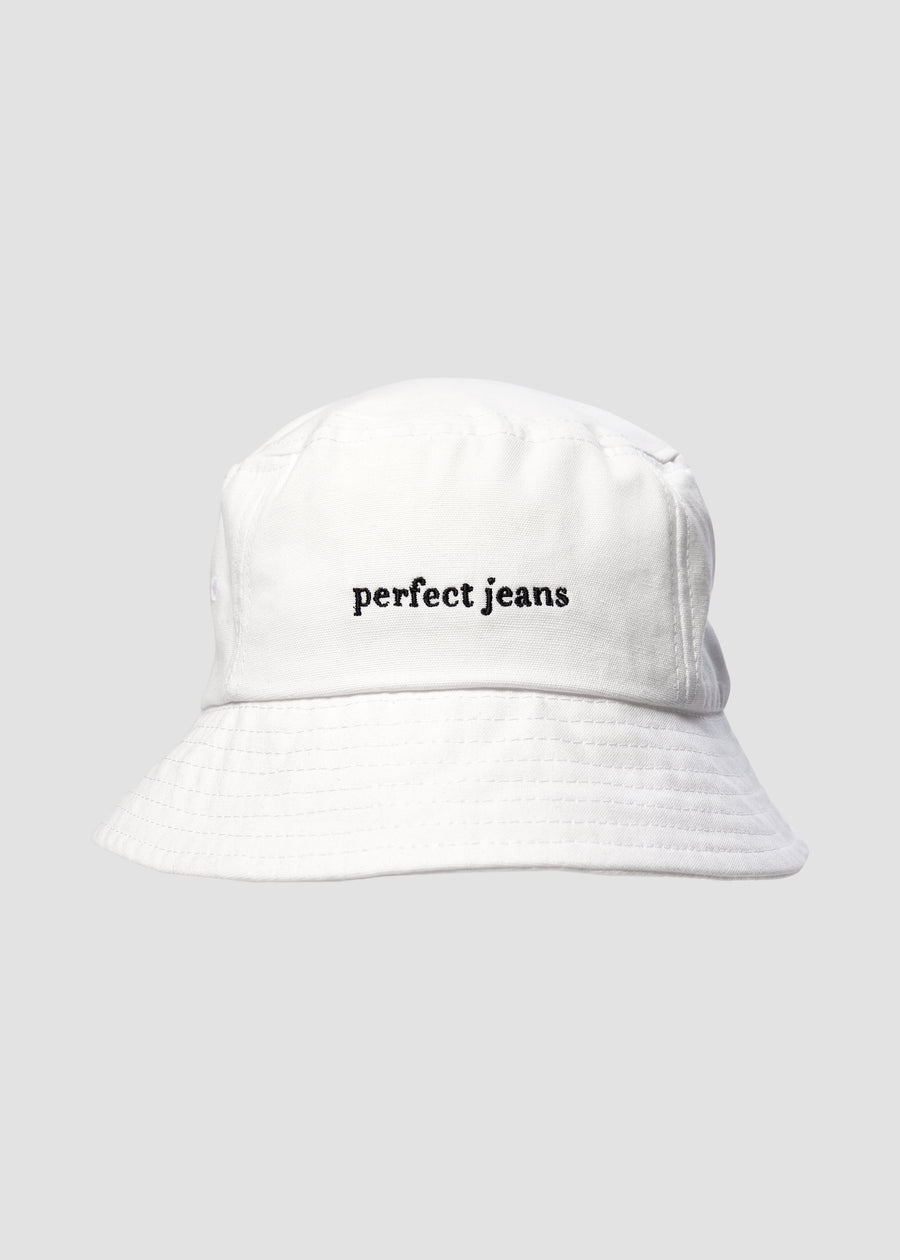White bucket hat by Perfect Jeans with a black logo on the front.