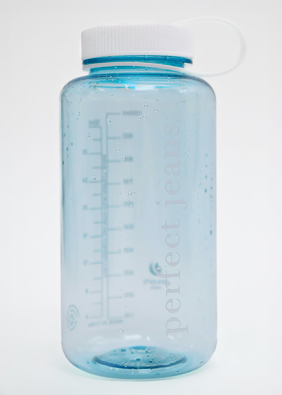 Transparent light blue plastic water bottle with a white lid and logo.